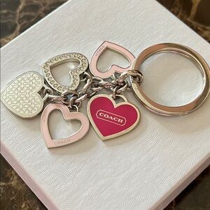 COACH Pink & Silver Heart Charm Keyring with Enamel and Crystal Accents